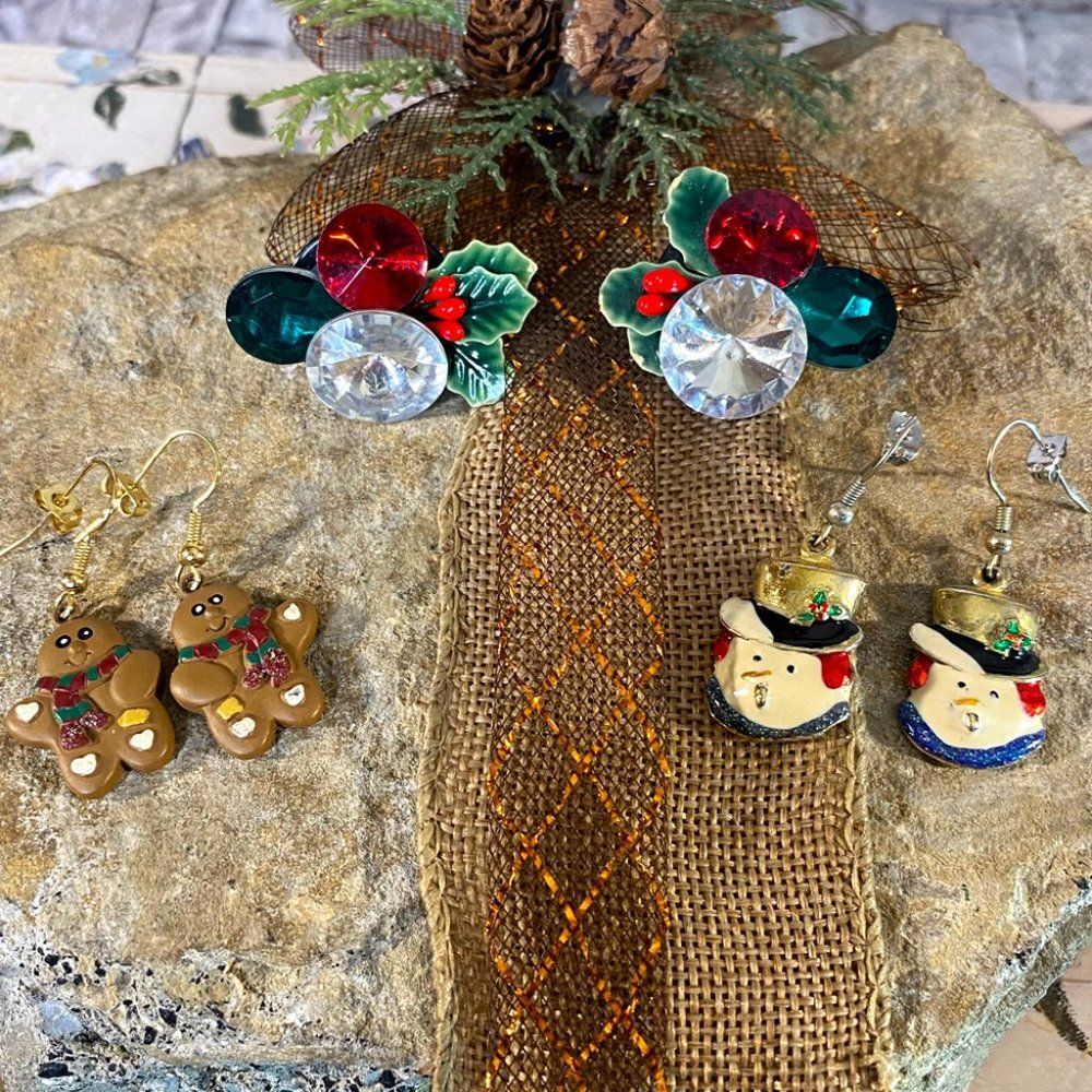 Holiday Earrings 3 Pair of Christmas Snowmen Gingerbread & Poinsettia